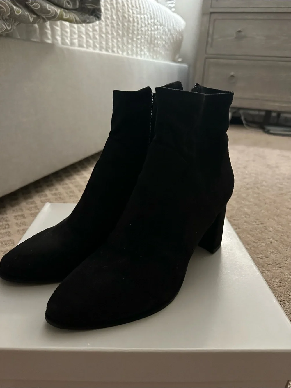 Marc Fisher Black Suede Block Heel Ankle Booties with Side Zip
